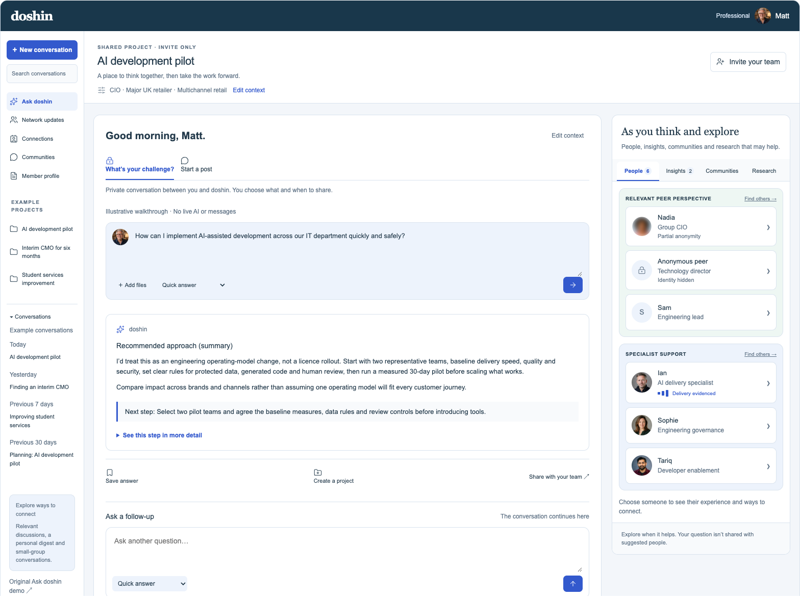 doshin workspace showing Matt’s private AI conversation, a recommended approach, and relevant peers and specialists alongside it.